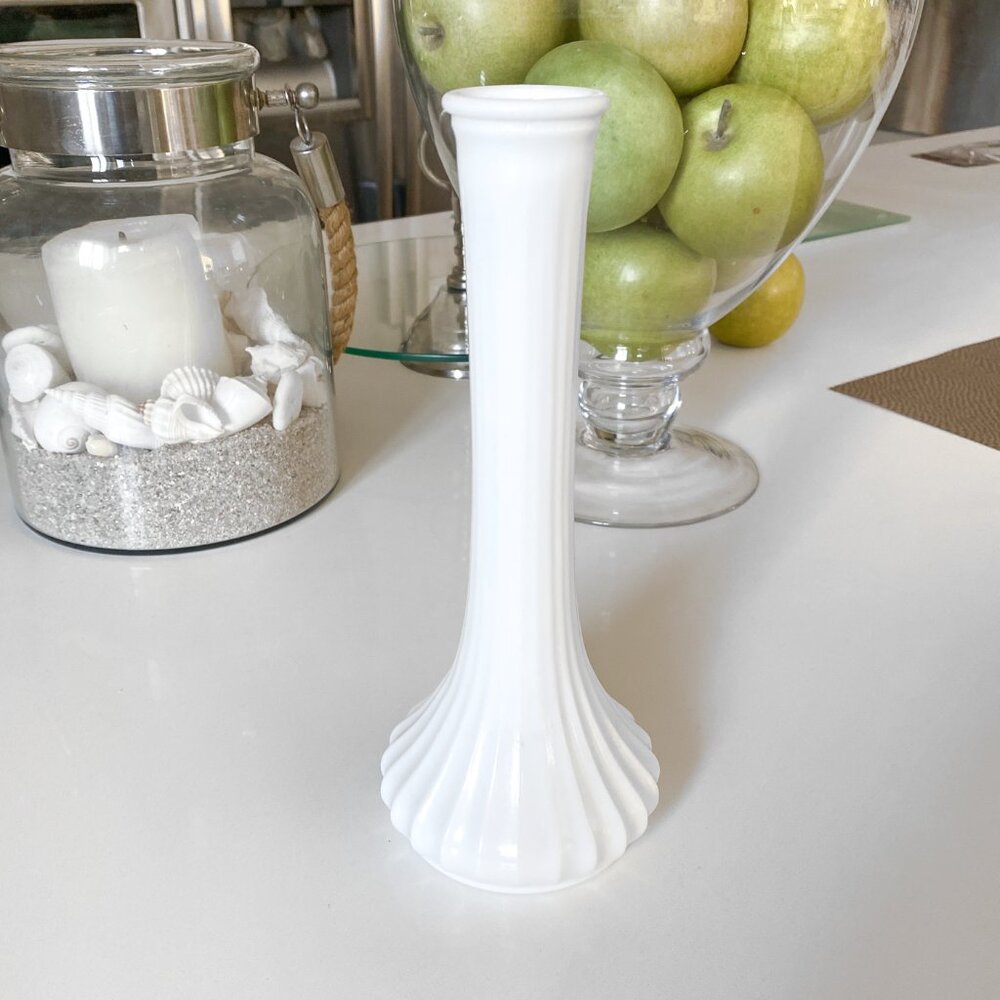 Hoosier - Vintange White Milk Glass - #4096 Long Stemmed Ribbed Bud Vase 9" Tall